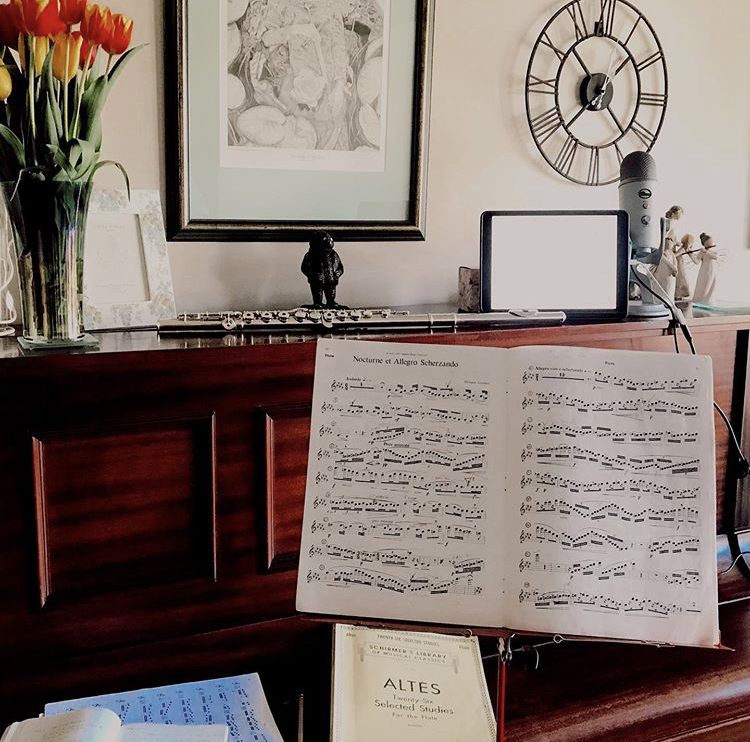 Home flute studio with iPad and blue yeti microphone